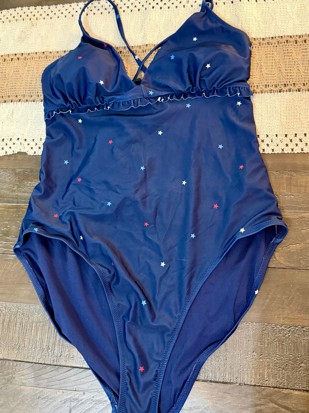 Old Navy Navy One-Piece Swim with Red, White, and Light Blue Stars